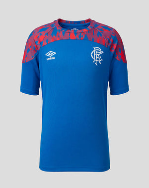 A blue short-sleeve soccer jersey with red patterned shoulder panels, featuring the white Umbro logo on the right chest and the Rangers club crest on the left chest, shown against a light gray background.