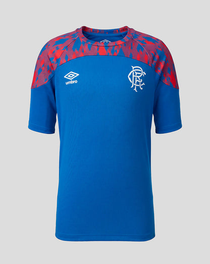 A blue short-sleeve soccer jersey with red patterned shoulder panels, featuring the white Umbro logo on the right chest and the Rangers club crest on the left chest, shown against a light gray background.