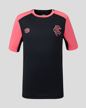 Black and pink sports jersey with logos on a gray background