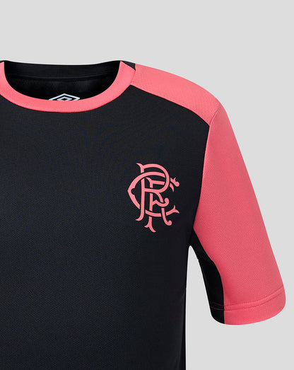 Black and pink sports jersey with a logo on a gray background