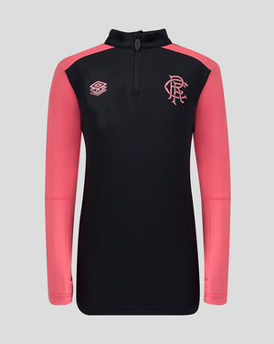 Black and pink long-sleeve sports top with logos on a gray background