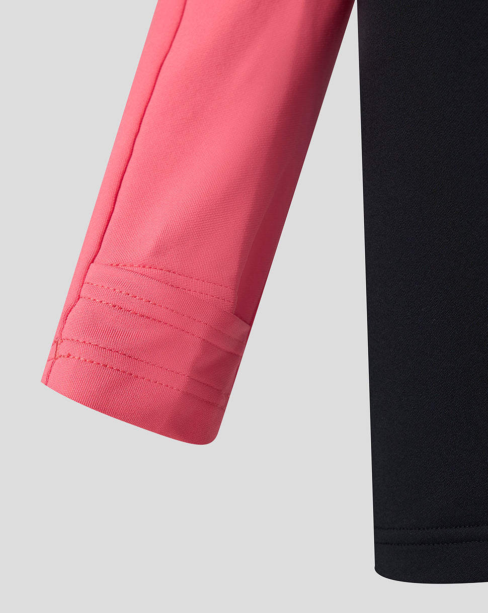 Close-up of pink sleeve and black pants on a light gray background