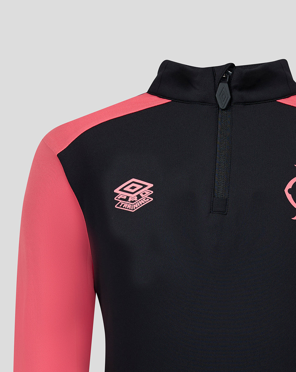 Black and pink training top with brand logo on a light gray background
