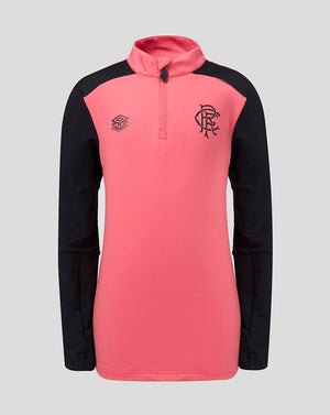 Pink and black long-sleeve athletic top with a logo on a gray background