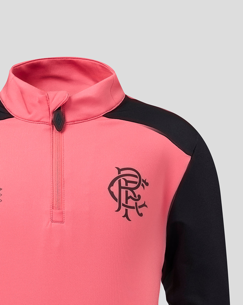 Pink and black jacket with a logo on a light gray background