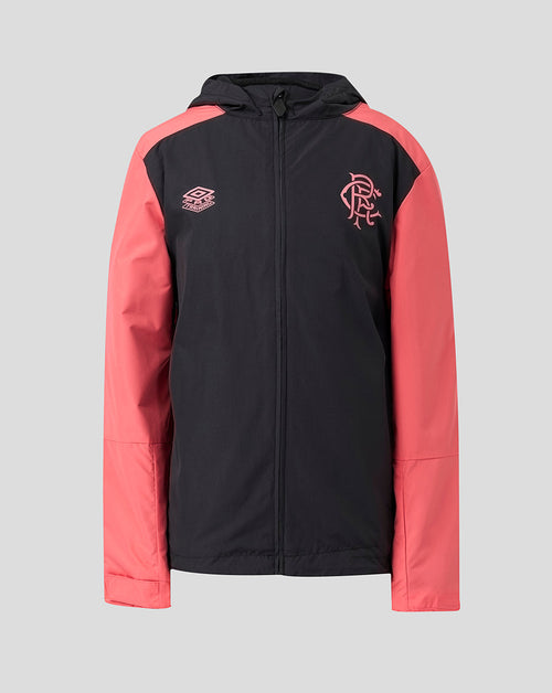 Black and pink jacket with a logo on a gray background