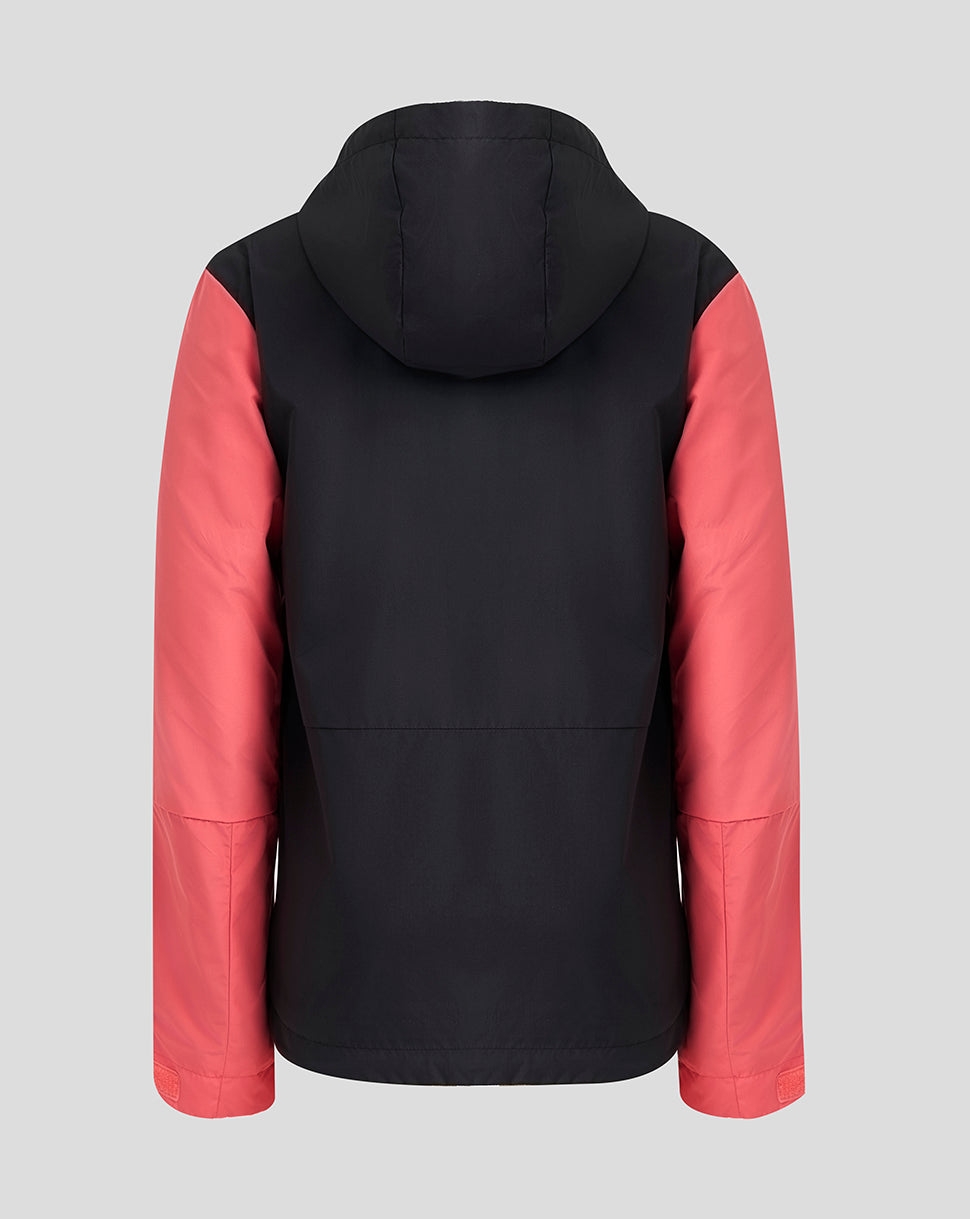 Black and red jacket with hood on a gray background