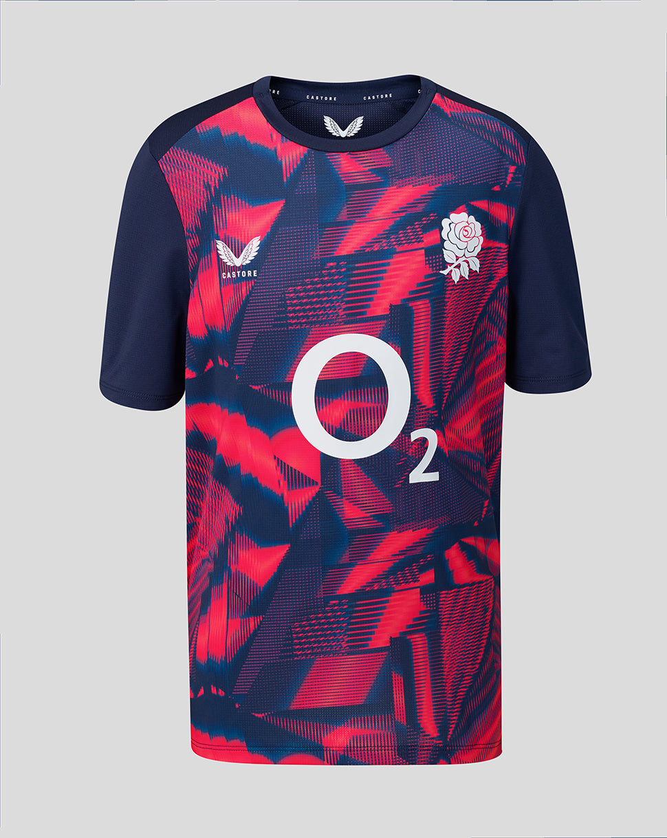 Navy and red sports jersey with branding on a gray background