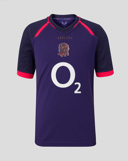Navy sports jersey with red accents and 'O2' logo on a gray background