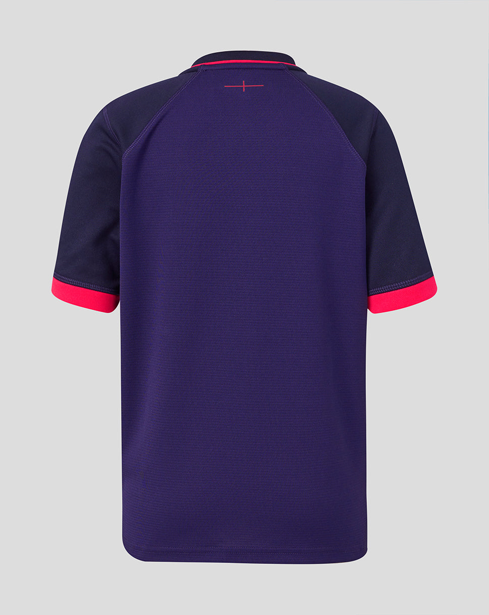 Navy blue sports jersey with red accents on a light gray background
