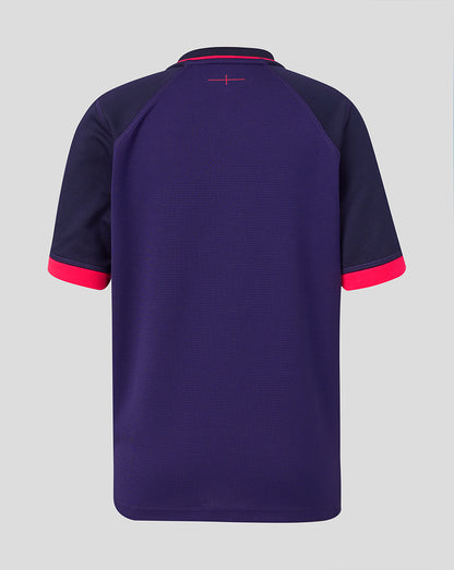 Navy blue sports jersey with red accents on a light gray background