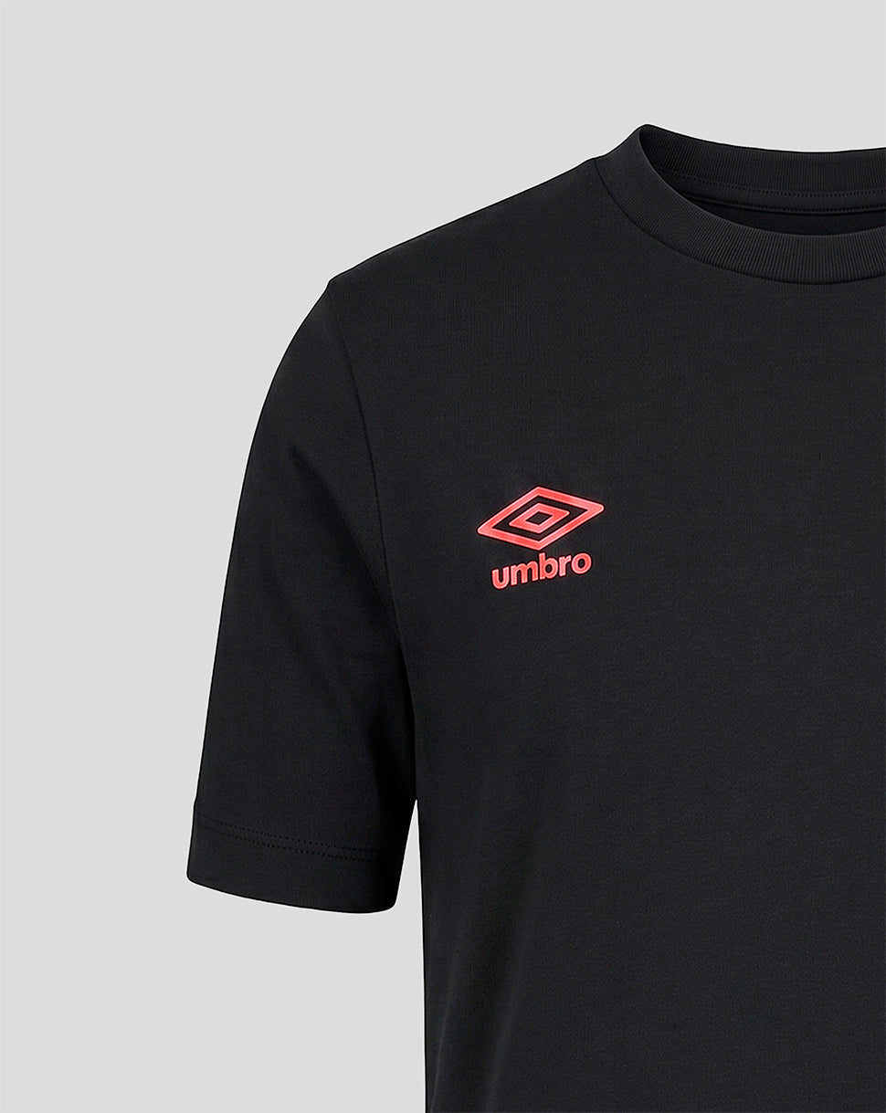 Black t-shirt with a red Umbro logo on a light gray background
