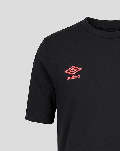 Black t-shirt with a red Umbro logo on a light gray background