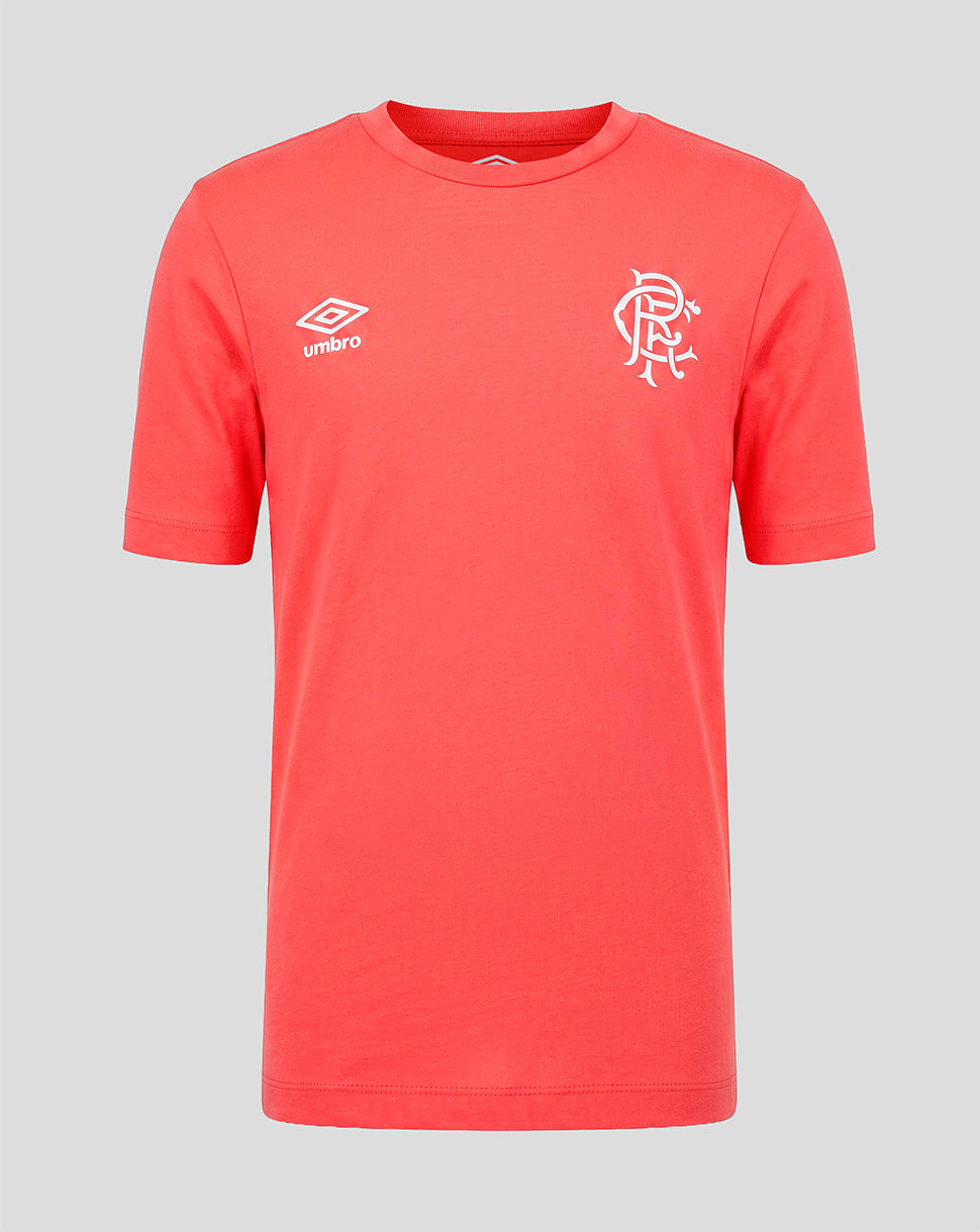 Red t-shirt with a logo on a gray background
