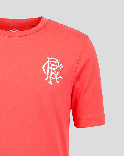 Red t-shirt with a white logo on a gray background