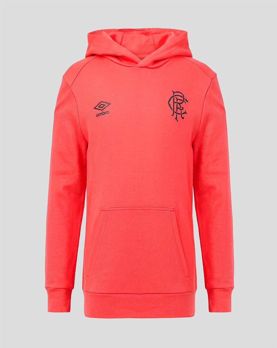 Red hoodie with a logo on a gray background
