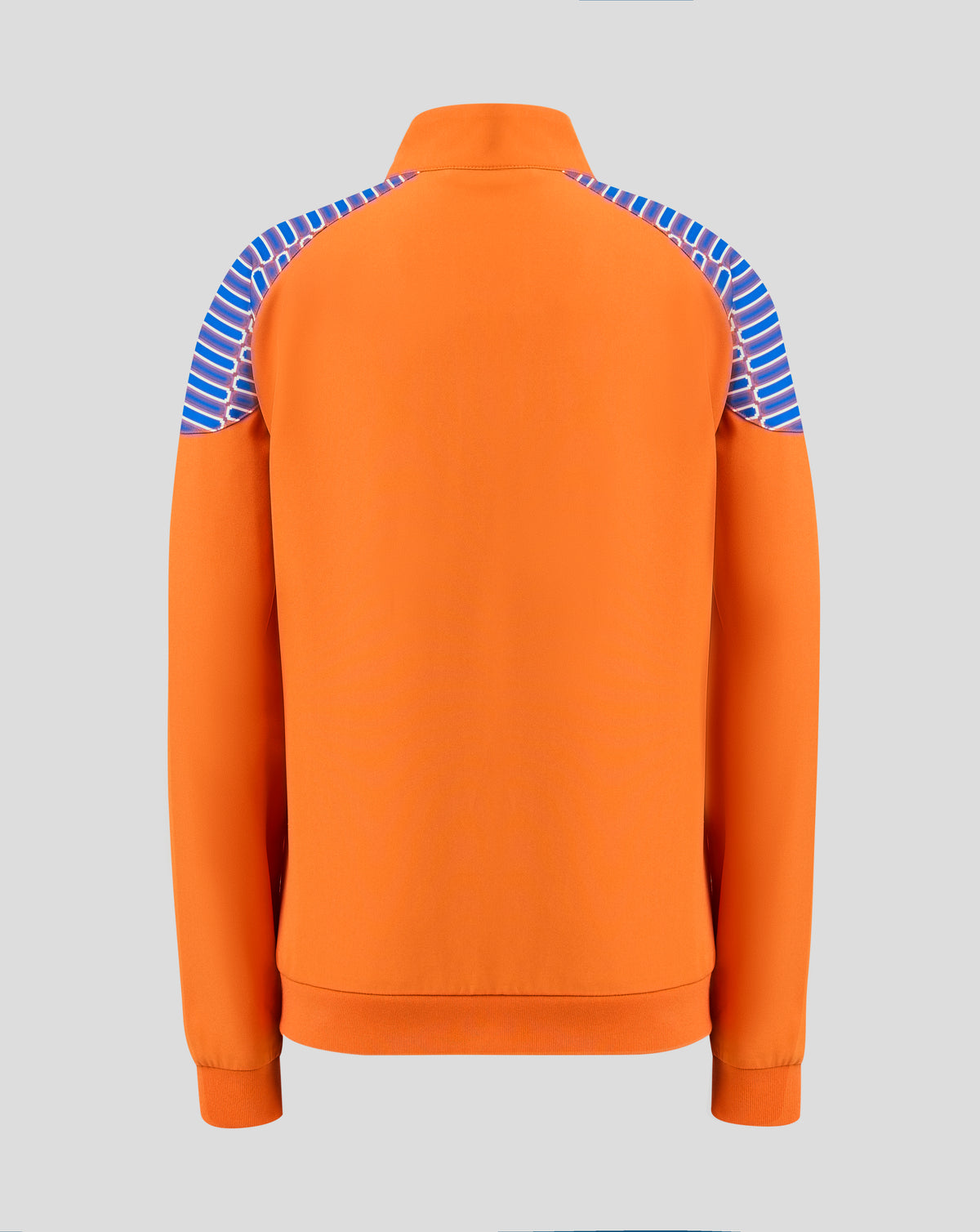 Back view of a bright orange Rangers FC Junior 2026/27 Away Walkout Jacket with blue and white striped shoulder panels