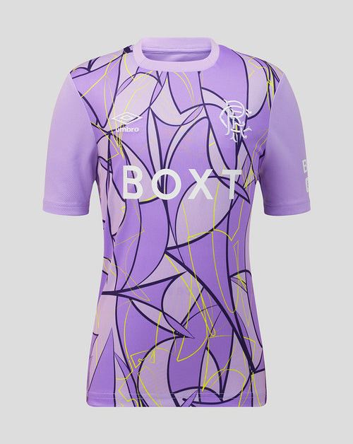 A purple short-sleeve soccer jersey with an abstract black and yellow line pattern, featuring the Umbro logo and Rangers crest on the chest, and 'BOXT' printed across the front.