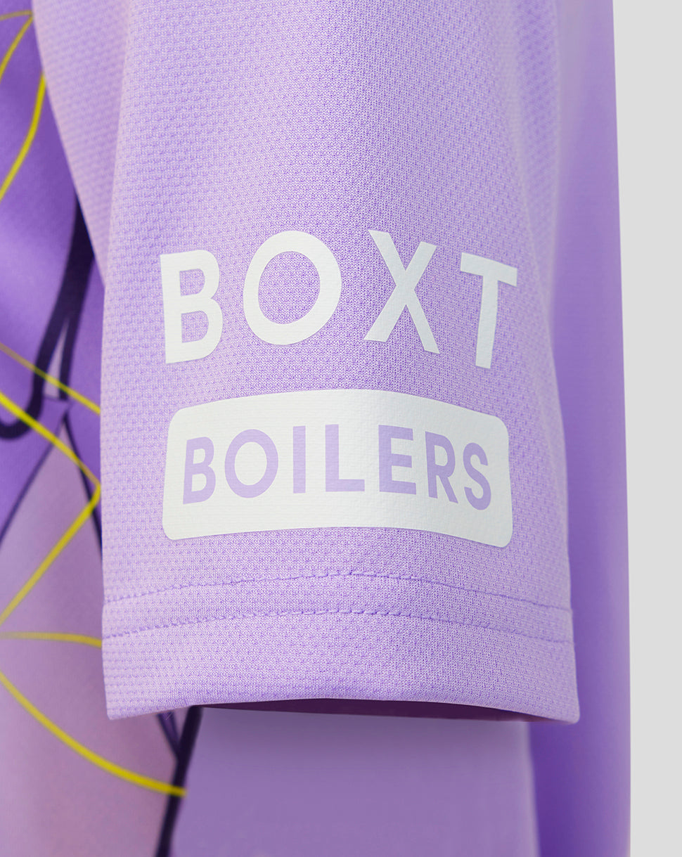 Close-up of a light purple athletic sleeve with a white 'BOXT BOILERS' logo patch on the upper arm.