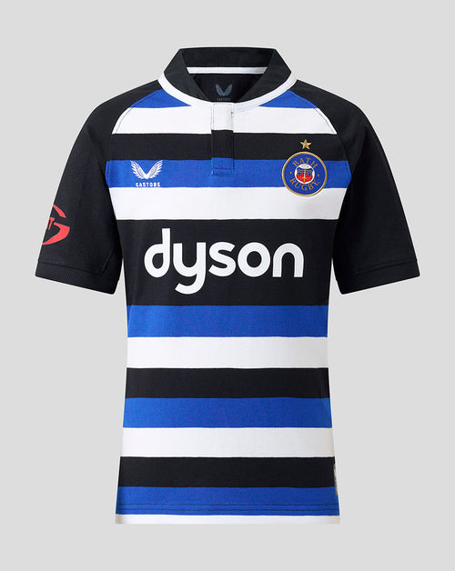 Front view of Bath Rugby Junior 2026/27 Classic Short Sleeve Shirt with blue black white hoops and Dyson sponsor