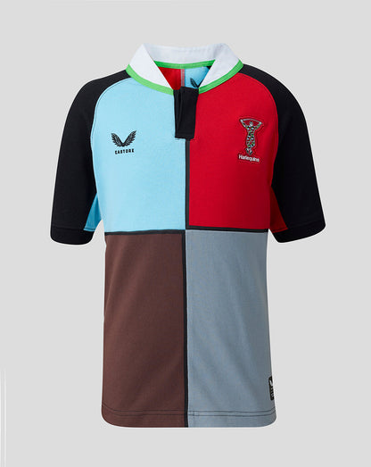Color-blocked sports jersey with multiple brand logos on a gray background