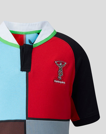 Colorful rugby jersey with Harlequins logo on a light gray background
