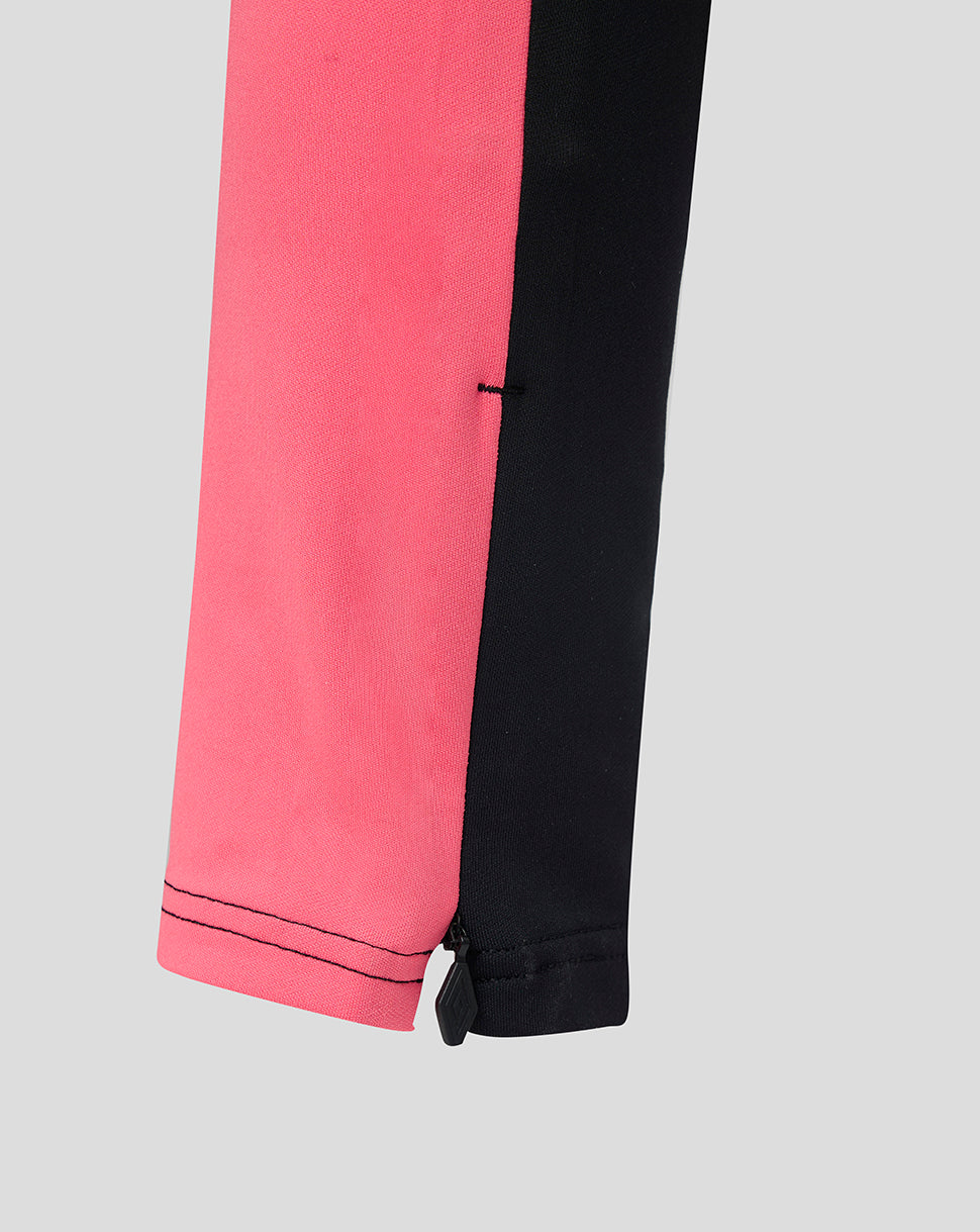 Close-up of pink and black pants on a light gray background