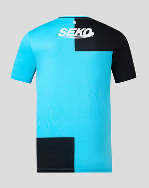 A short-sleeve athletic jersey shown from the back, featuring a bright cyan and black color-blocked design with a white 'SEKO' logo across the upper back, set against a solid light gray background.