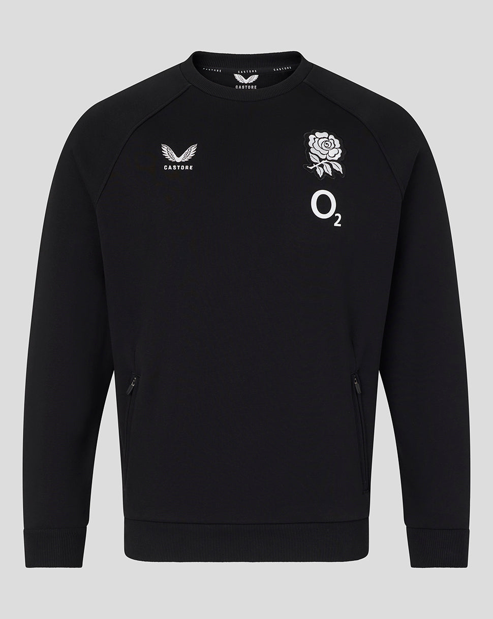 Black sweatshirt with logos on a gray background