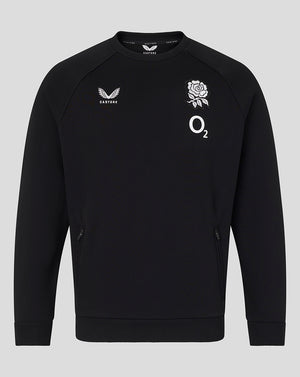 Black sweatshirt with logos on a gray background