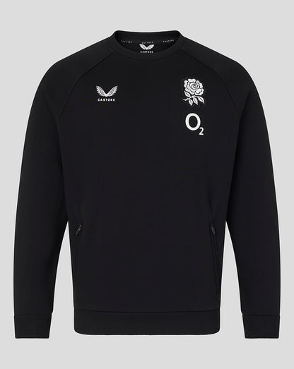 Black sweatshirt with logos on a gray background
