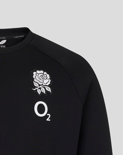 Black sweatshirt with white rose design and 'O2' logo on a light gray background
