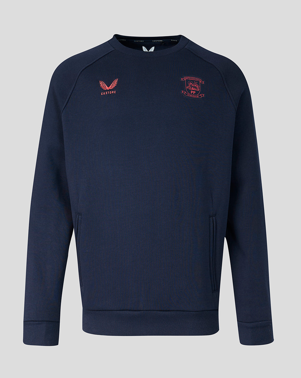 Navy blue sweatshirt with embroidered logos on a light gray background