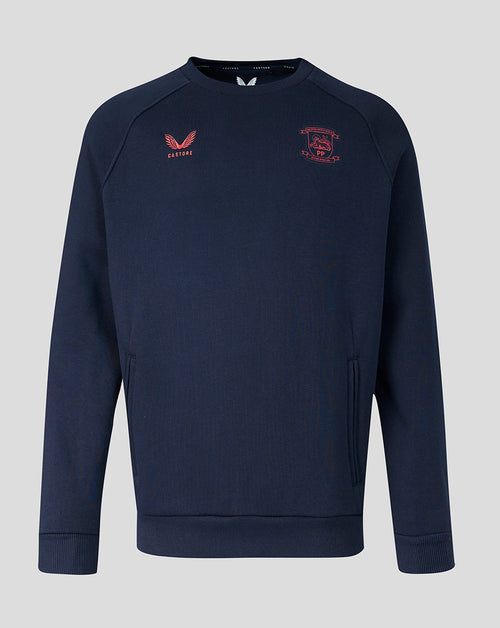 Navy blue sweatshirt with embroidered logos on a light gray background