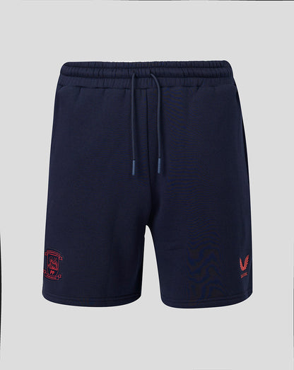 Navy blue shorts with red logos on a light gray background