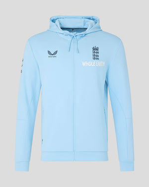 Light blue hoodie with branding on a gray background