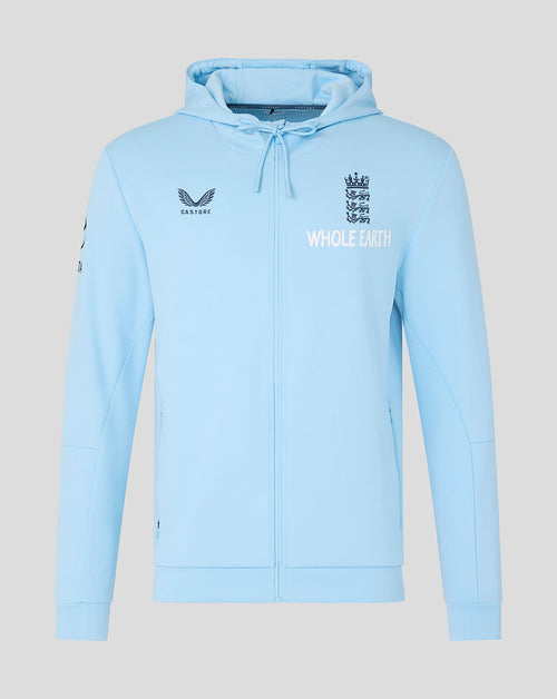 Light blue hoodie with branding on a gray background