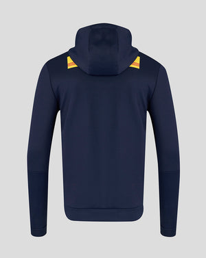 Navy blue hoodie with yellow accents on a light gray background