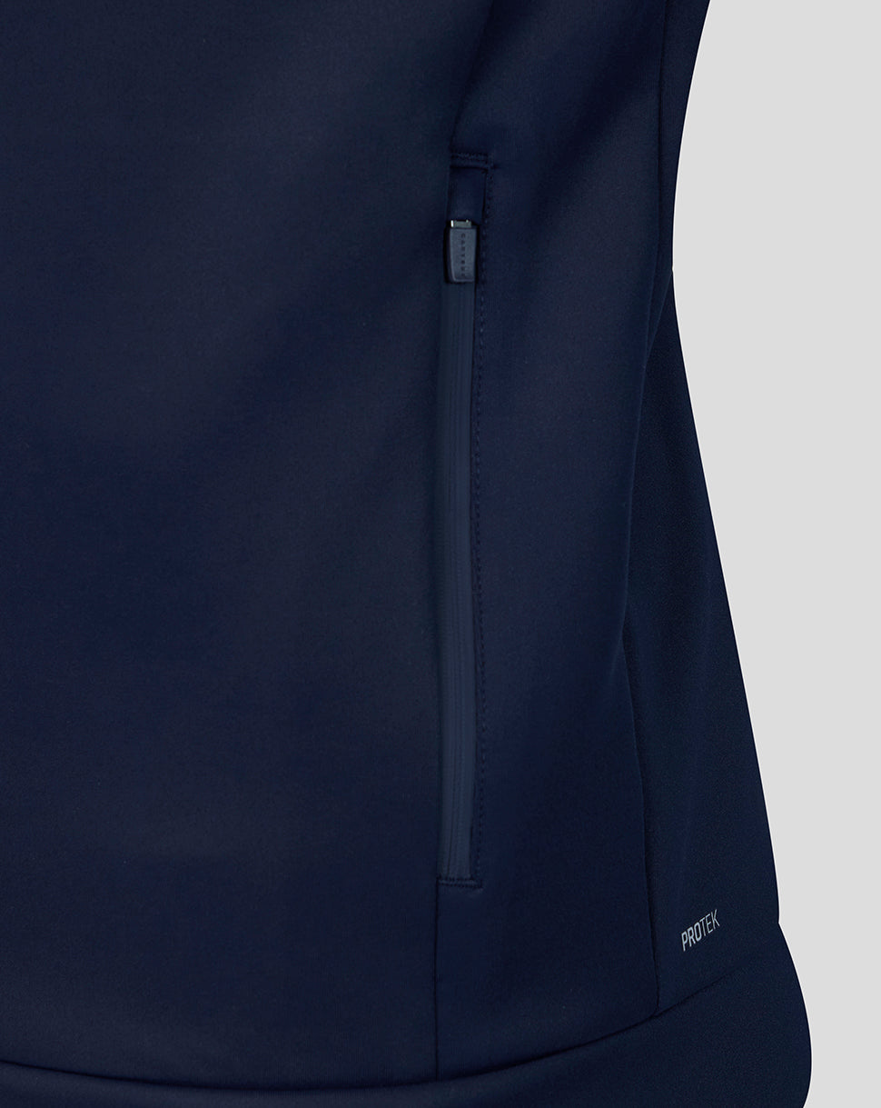 Navy blue jacket with a zipper on a light gray background