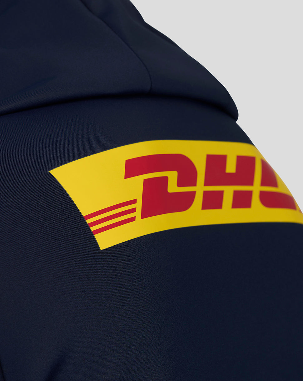 Navy blue jacket with DHL logo on a light gray background