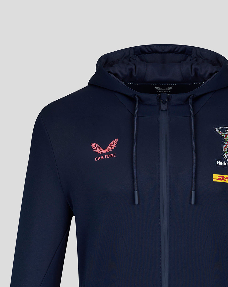 Navy blue hoodie with brand logos on a light gray background