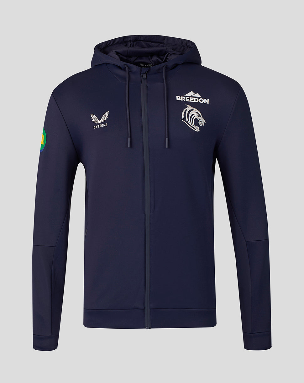 Front view of navy Leicester Tigers Travel Flex Hoodie with full zip showing Castore crest on the left chest and Breedon tiger logo on the right chest.