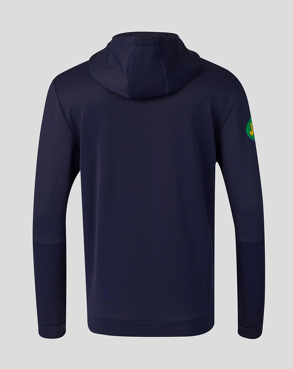 Front view of navy Leicester Tigers Travel Flex Hoodie with full zip and Breedon logo on the chest.