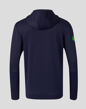 Front view of navy Leicester Tigers Travel Flex Hoodie with full zip and Breedon logo on the chest.