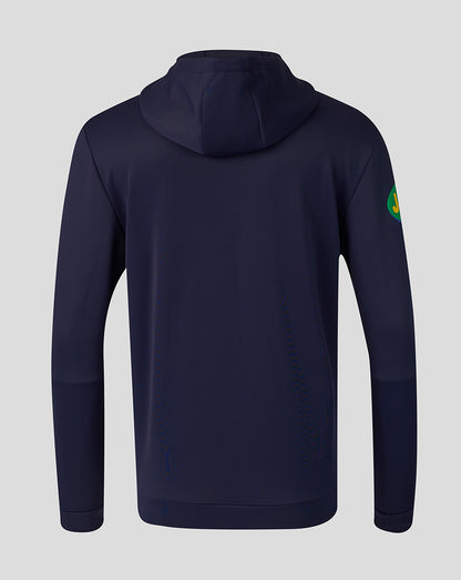 Front view of navy Leicester Tigers Travel Flex Hoodie with full zip and Breedon logo on the chest.