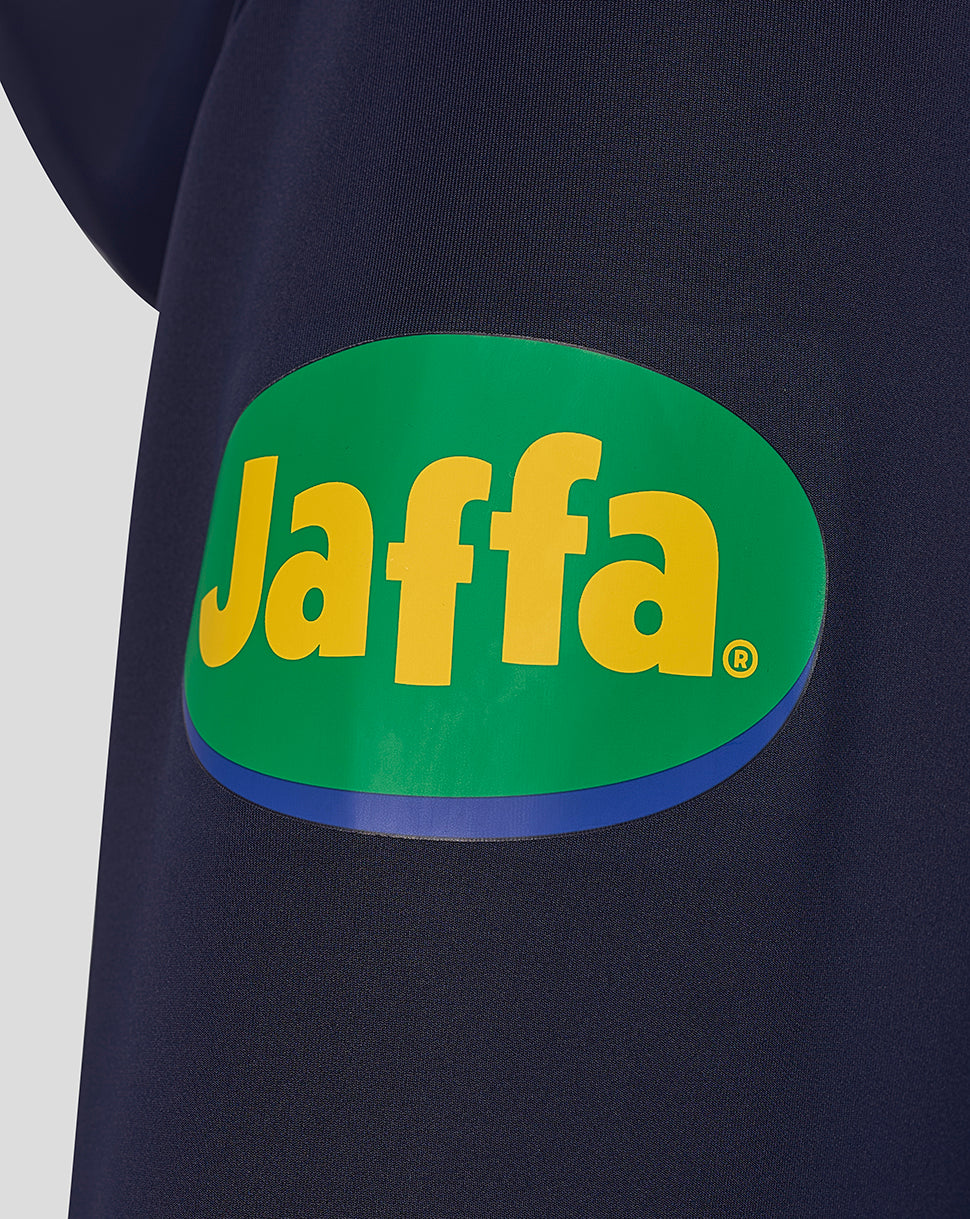 Navy Leicester Tigers Travel Flex Hoodie with a bold green Jaffa logo on the chest area.