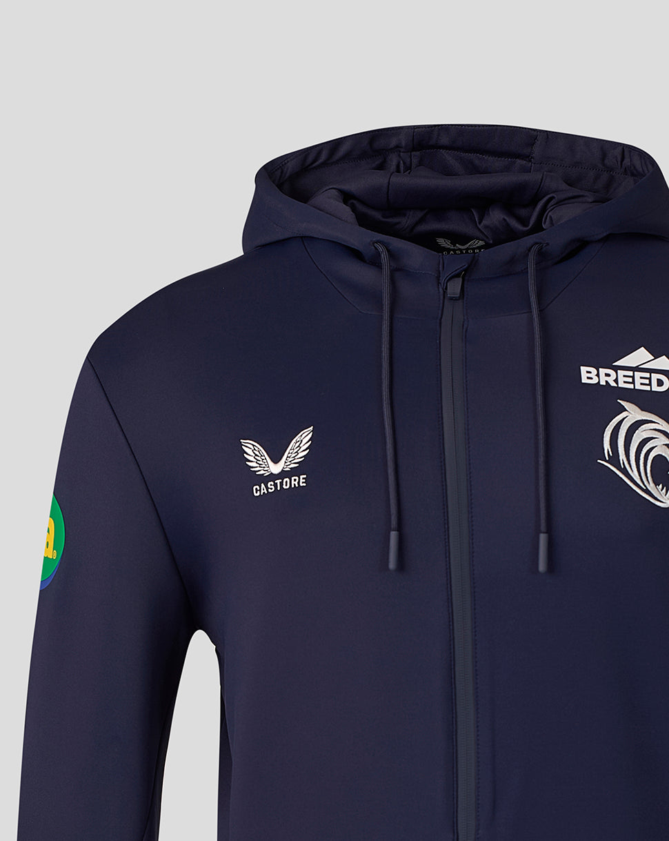 Back view of navy Leicester Tigers Travel Flex Hoodie with hood up and clean back panel.