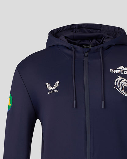Back view of navy Leicester Tigers Travel Flex Hoodie with hood up and clean back panel.