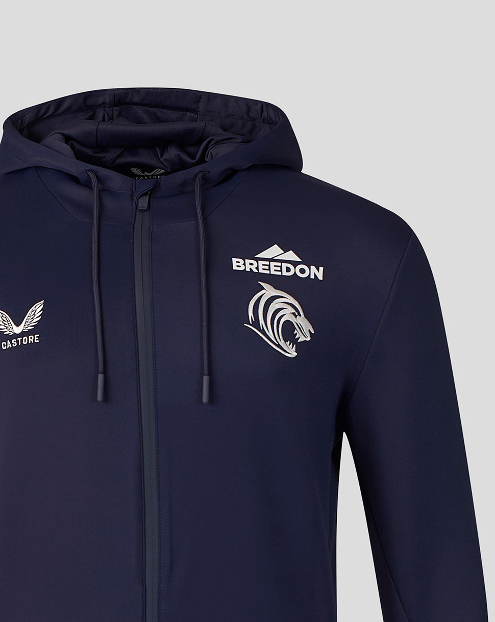 Navy Leicester Tigers Travel Flex Hoodie chest close-up with Castore branding and Breedon logo