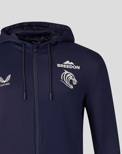 Navy Leicester Tigers Travel Flex Hoodie chest close-up with Castore branding and Breedon logo